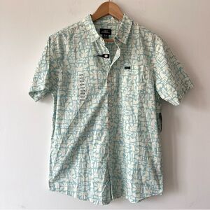 O'Neill Mens short sleeve button down shirt casual White teal Graphic Shirt wave